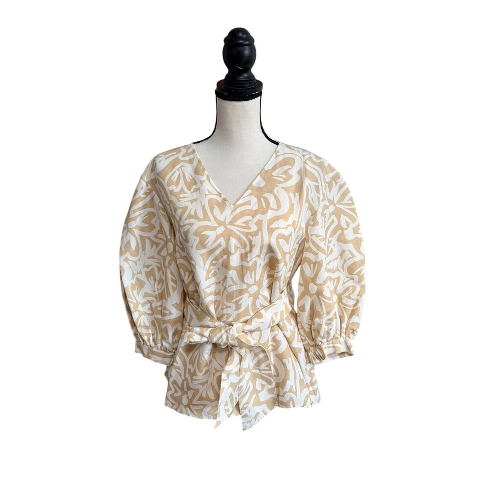Lafayette 148 New York Women's Small Stone Beige Multi Silk Linen Wrap Top NWT